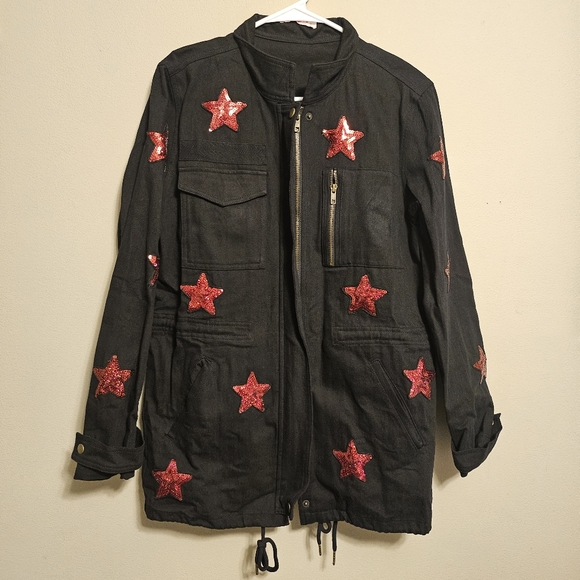 Buddy Love Small Black Jacket Alyssa-1 Red Sequin Stars Full Zip Cargo - Picture 1 of 11
